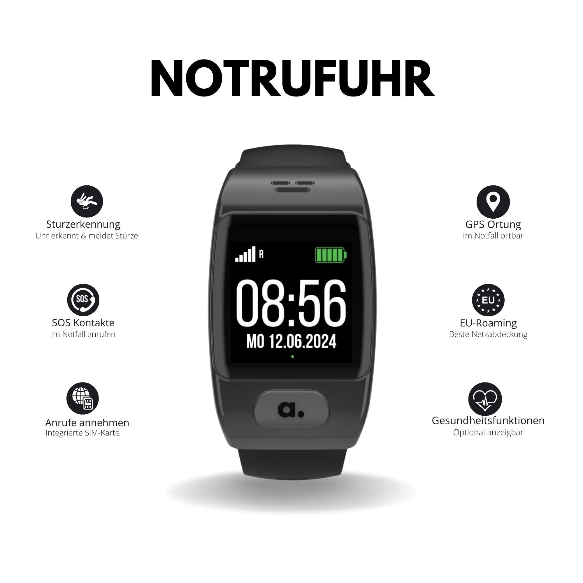 Notrufuhr für Senioren mit Sturzerkennung, SOS Notrufknopf & GPS-Ortung